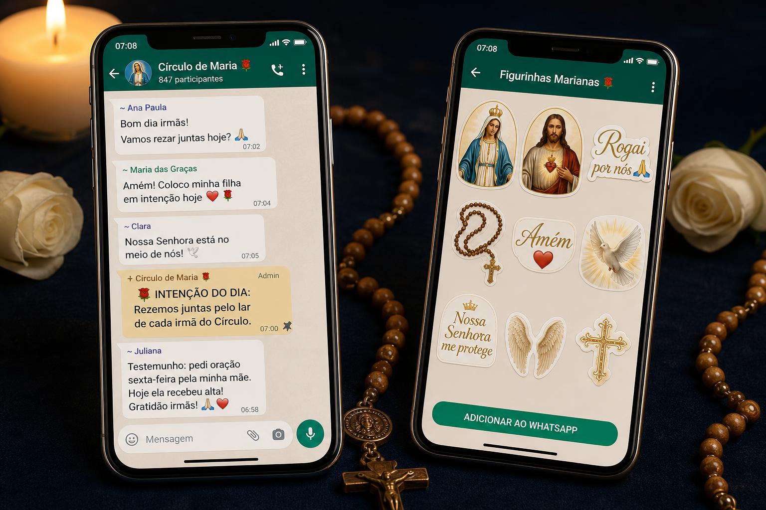Demonstrativo do grupo WhatsApp Círculo de Maria com mensagens reais e pack de figurinhas